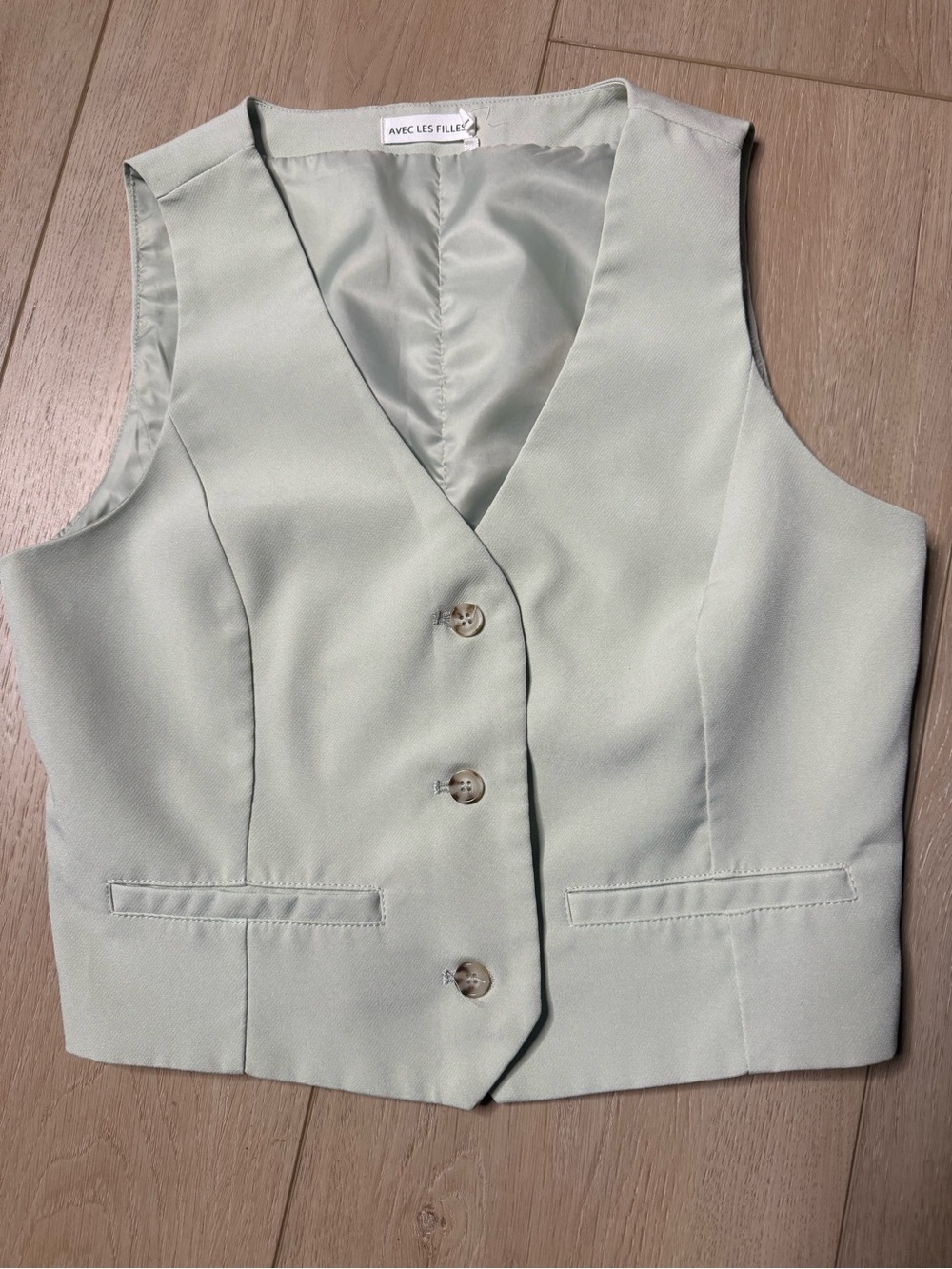 Avec Les Filles Button-up Crop Waistcoat Vest Light Sage Green Women’s Sz Small